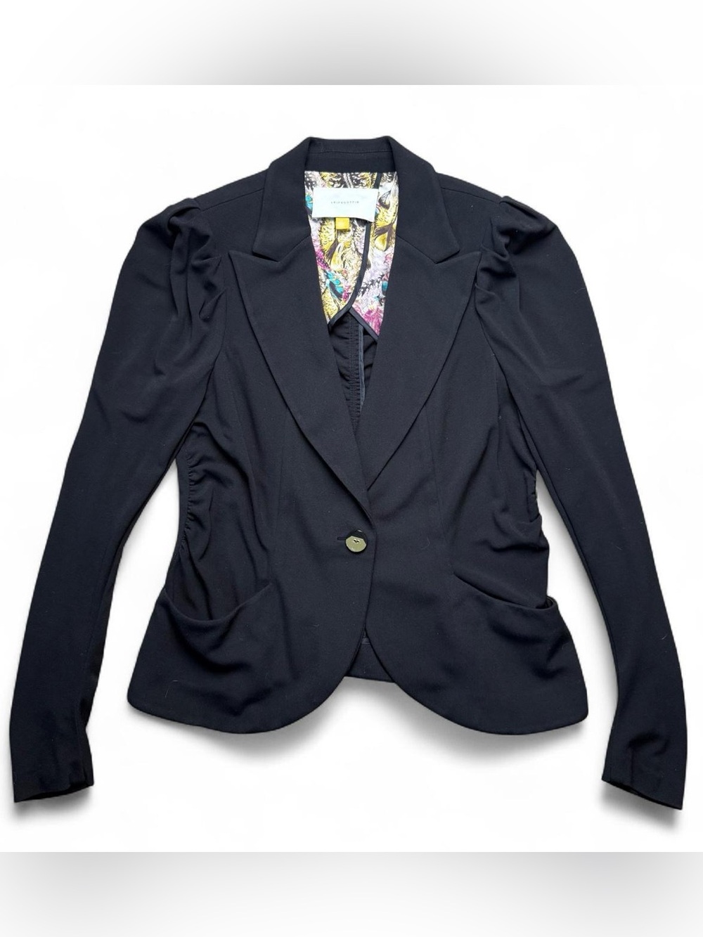 Leifsdottir Black Ruched Puff Sleeve Fitted Blazer Jacket Size 12